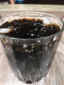 Grass jelly, poontalai and basil seeds drink